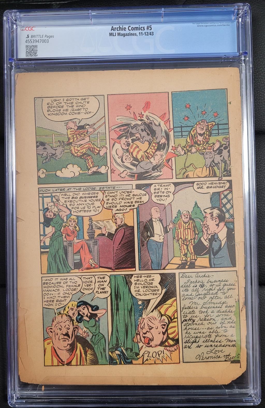 Archie Comics 5 CGC .5 Brittle Pages 11-12/43