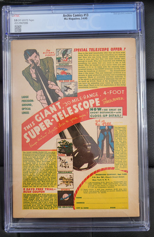 Archie Comics 13 CGC 2.0 Off-White Pages 3-4/45