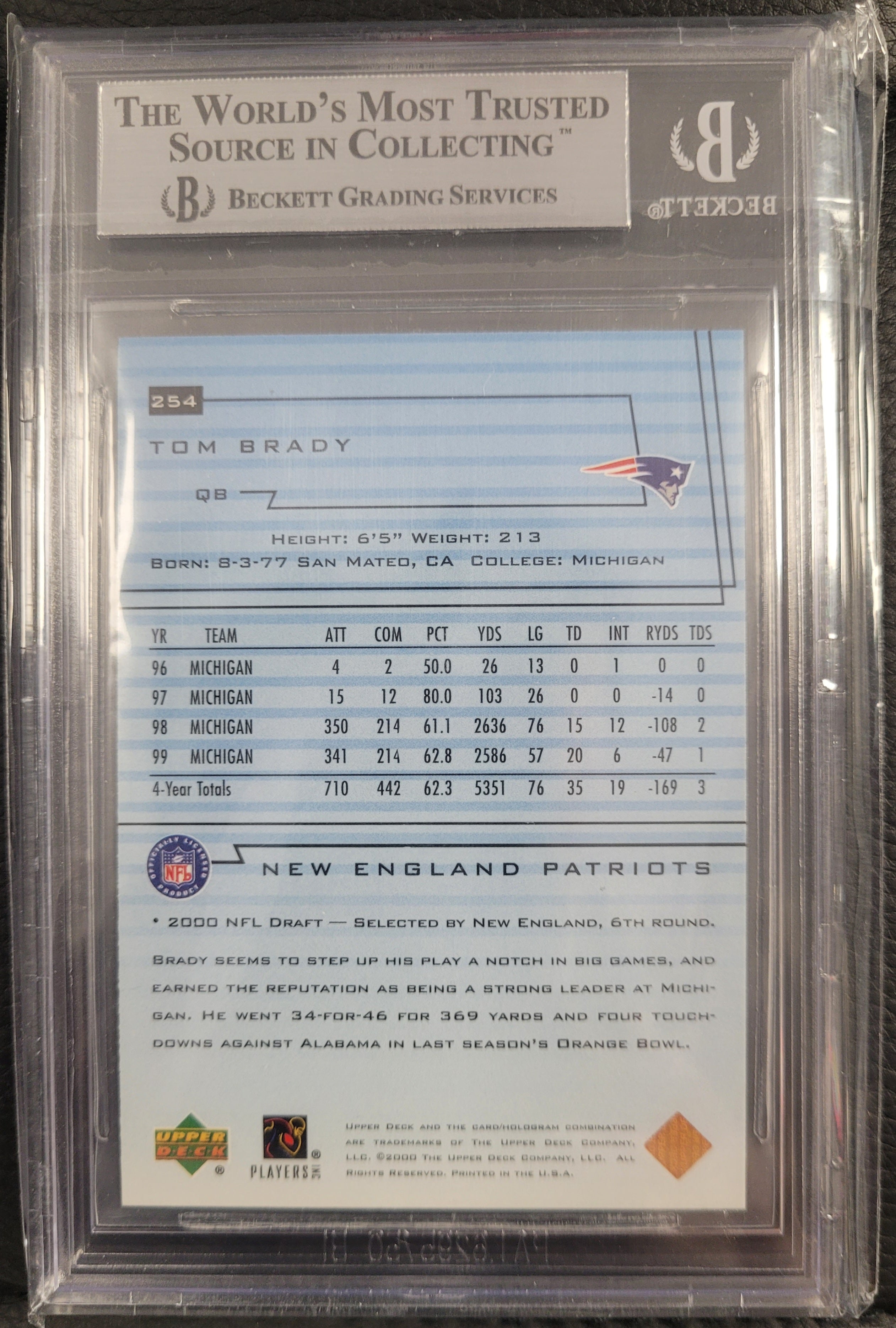 2000 Upper Deck #254 Tom Brady Star Rookie BGS 9